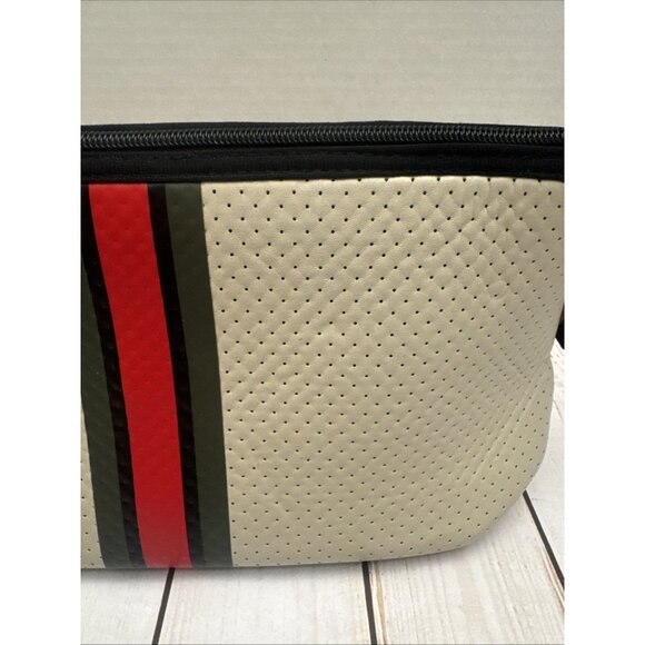 Haute Shore Neoprene Travel Bag 12” Small Keychain Wristlet Beige Red Stripe NWT - Picture 3 of 8
